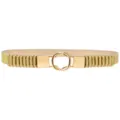 Gold elastic waist belt detail view, highlighting the metallic round ring buckle and elegant design. - Gold