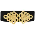 Black elastic waist belt with vintage gold woven Chinese knot buckle for dresses and pants. - Black