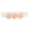 Gedetailleerd overzicht van elastische damestailleband met roze parelbloemen en strass. - 3 Bloemen / Nr. 8 Kleur