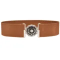 Detailed view of a brown elastic waist belt with a silver metallic flower buckle, stylish accessory. - Silver Buckle / Camel