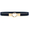 Women's elastic stretch waist belt featuring gold interlocking metal ring buckle decoration. - Dark Blue