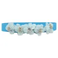 Details of the blue elastic waist belt featuring mesh fabric flowers and golden leaf charms. - 5 Flowers Color 19