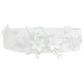 Detail view of white elastic waist belt featuring delicate lace floral embroidery and faux pearls. - Style 8