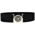 Detail shot of women's black elastic waist belt with elegant silver floral metal buckle. - Silver Buckle/Black