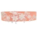 Detailed view of women peach elastic belt featuring delicate white lace flowers and pearls. - Style 10