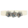 Women's elastic waist belt detail featuring grey mesh fabric flowers with sparkling rhinestones. - 3 Flowers - Color 6