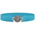 Turquoise elastic waist belt featuring a sparkling rhinestone round buckle for women detail. - Lake Blue