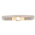 Detailed view of women stretch elastic belt with gold metal round buckle and silver glitter. - Silver