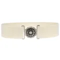 Detail shot of the metal flower buckle and elastic stretchy band for women belt styling. - Silver Buckle/White