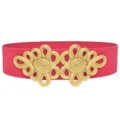 Detailed view of women's retro elastic waist belt with exquisite gold Chinese knot buckle. - Rose Red