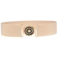 Detail view of elastic waist belt with black gold flower metal buckle accessory. - Gold Buckle / Khaki