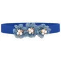 Blauwe elastische tailleband voor dames met drie parel strass stoffen bloemdecoraties. - 3 Bloemen / Kleur 12