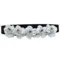Detail view of a black elastic waist belt featuring five elegant silver fabric flowers. - 5 Flowers Color 5