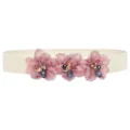 Elegant women elastic waist belt detail featuring pink sheer flower and sparkling rhinestones. - 3 Flowers - Color 9