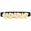Black elastic waist belt featuring five cream sheer fabric flowers and metal leaf accent. - 5 Flowers Color 7