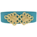 Elastic belt detail shot, gold Chinese knot buckle, vibrant blue stretch waist band feature. - Light Blue