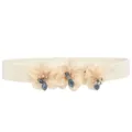 Elegant white elastic waist belt featuring sweet chiffon floral decor with sparkling crystal beads. - 3 Flowers - Color 10