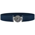 Close-up detail of dark blue elastic waist belt featuring an ornate rhinestone metal buckle. - Dark Blue