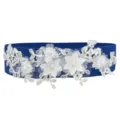 Women elegant blue elastic waist belt featuring white lace floral embroidery and faux pearls. - Style 11
