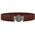 Close-up detail of women brown elastic waist belt with sparkling rhinestone flower buckle. - Brown
