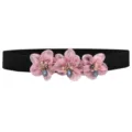 Women's rhinestone elastic waist belt detail view, sweet pink flower dress accessory. - 3 Flowers - Color 14