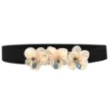 Detailed view of the Korean style women elastic waist belt with cute fabric flower rhinestones. - 3 Flowers - Color 15