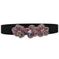 Black elastic waist belt featuring three rhinestone flower decorations for sweet dress fashion styling. - 3 Flowers - Color 16