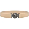 Beige elastic waist belt detail showcasing the exquisite rhinestone round floral metal buckle. - Khaki
