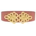 Detail view of wide elastic waist belt with gold Chinese knot design for dresses - Lotus root pink