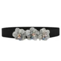 Close-up detail of shimmering silver fabric flowers and beaded center on black elastic waist belt. - 3 Flowers - Color 18