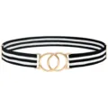 Close-up detail of the stylish black and white elastic belt with gold double-ring buckle. - No. 3 Stripes