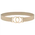 Detail shot of beige elastic belt with gold interlocking double ring buckle for women waist. - Khaki