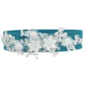 Blue elastic waist belt for women featuring white floral lace embroidery and pearl decorations. - Style 12