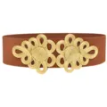 Brown elastic waist belt for women with gold Chinese knot buckle accessory variant - Camel