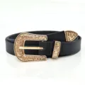 Women retro pin buckle belt decorative black leather belt with vintage floral metal buckle. - Style 5 / Black