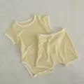 Unisex baby ribbed short sleeve bodysuit and shorts set summer infant cute outfit - Goose Yellow / 66cm