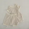 Baby cotton ribbed short sleeve romper and shorts set, cute infant summer outfit details. - Beige / 66cm