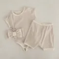 Cotton ribbed baby romper shorts set detail, contrast binding short sleeve clothing. - Light Apricot Romper + Shorts + Hairband Set