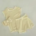Infant baby cotton ribbed short sleeve romper shorts and headband set summer clothing - Goose Yellow Romper + Shorts + Hairband Set