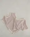 Ribbed baby short sleeve romper and shorts set, cute summer outfit for infant boys and girls. - Pink Purple / 66cm