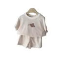 Baby summer striped short sleeve t-shirt and shorts set with cute cartoon fish embroidery. - 66 / Top And Bottom / Dark Pink