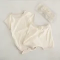 Baby ribbed short sleeve romper shorts and headband set infant summer cute cotton outfit - Cream Romper + Shorts + Hairband Set