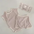 Baby ribbed short sleeve romper and shorts summer set with contrast trim in pink, cute clothing. - Pink Purple Romper + Shorts + Hairband Set