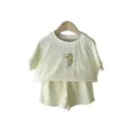 Baby summer striped short sleeve top and shorts set with cute seahorse embroidery. - Fluorescent Yellow