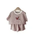 Baby summer striped two-piece set with cute crab print, short sleeve top and shorts. - Dark Red