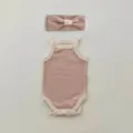 Cute baby summer sleeveless romper bodysuit and headband set in pink for infant daily wear. - Dark Pink Romper + Headband Set
