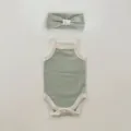 Cute baby summer romper and headband set, sage green cotton bodysuit with white trim. - Bean Green Romper + Headband Set