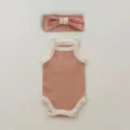 Cute baby summer sleeveless romper and bow headband set, comfortable cotton infant bodysuit. - 73cm / Set / Orange Pink Romper + Headband Set