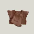 Infant baby cotton ribbed ruffle sleeve top and shorts set detail view, comfortable daily wear - 73cm / Caramel color