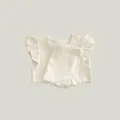 Detail view of cute baby ribbed ruffle top and bloomers set, soft cotton fabric. - 73cm / Beige